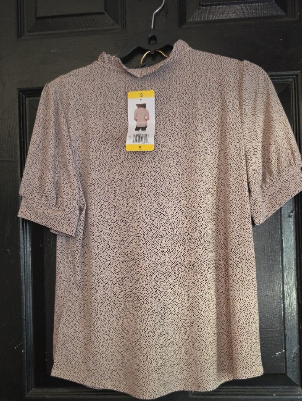 Adrianna Papell Taupe Dot Tie-Neck Short Sleeve Blouse. It Can Fit A Medium. - Picture 2 of 6